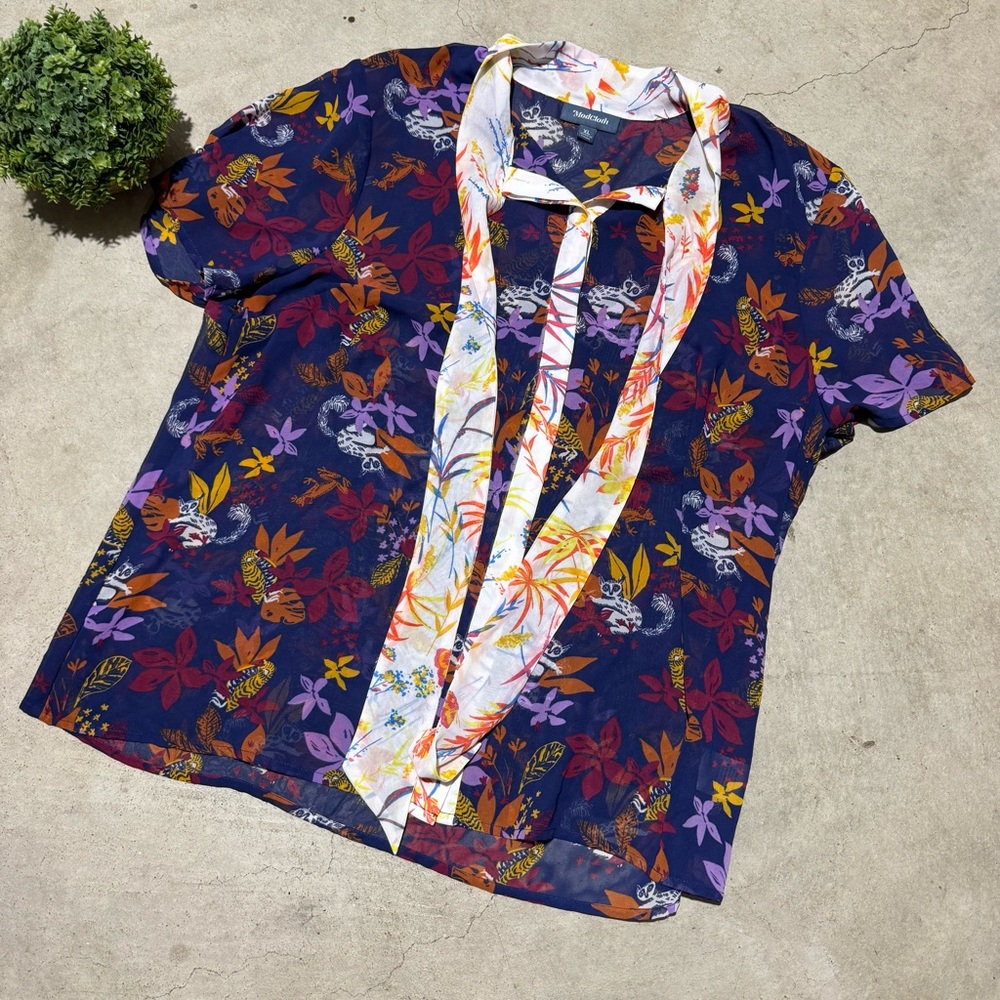 Women’s Navy Floral Tie-Neck Blouse